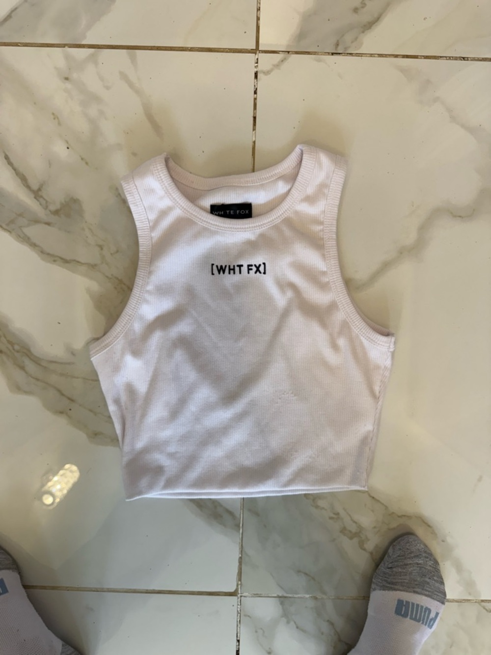 White Fox Boutique White Ribbed Cropped Tank with [WHT FX] Logo